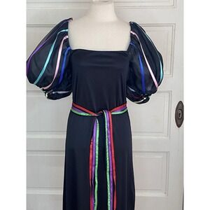 Vintage 1970's Ribbon Dress Black Puff‎ Sleeve Goth Whimsigoth Witchy